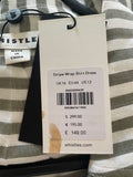 BRAND NEW WHISTLES KHAKI GREEN & WHITE STRIPE LONG SLEEVED WRAP MIDI DRESS SIZE 16