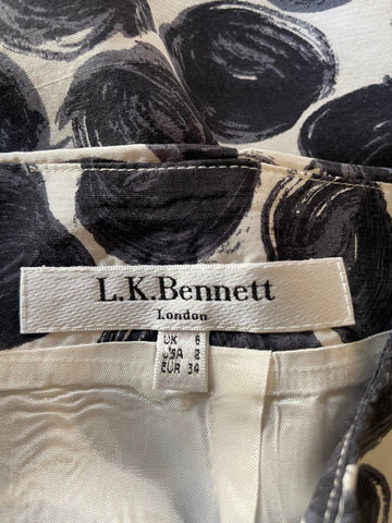 LK BENNETT 100% SILK WHITE,GREY & BLACK PRINT A-LINE SKIRT SIZE 6