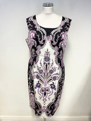 PHASE EIGHT BLACK, PURPLE & IVORY PRINT SLEEVELESS PENCIL DRESS SIZE 18