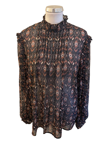 OUI BLACK & BROWN PRINT FRILL TRIM LONG SLEEVE BLOUSE SIZE 12