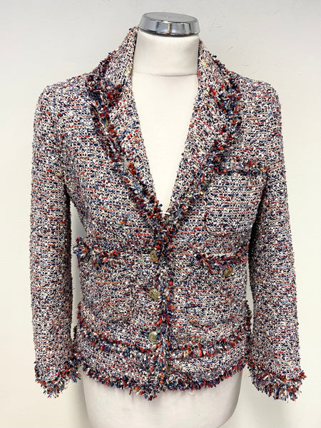 ZARA MULTI COLOURED WOVEN FRINGE TRIMMED 3/4 SLEEVED JACKET SIZE S