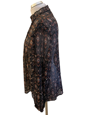 OUI BLACK & BROWN PRINT FRILL TRIM LONG SLEEVE BLOUSE SIZE 12