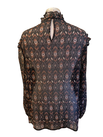 OUI BLACK & BROWN PRINT FRILL TRIM LONG SLEEVE BLOUSE SIZE 12