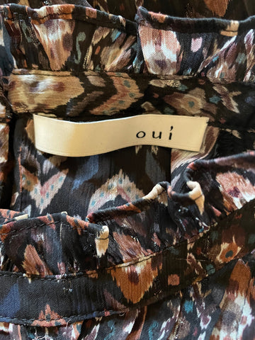 OUI BLACK & BROWN PRINT FRILL TRIM LONG SLEEVE BLOUSE SIZE 12