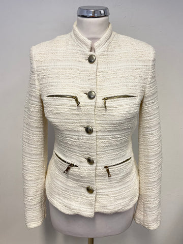 ZARA OFF WHITE COLLARLESS ZIP POCKETS LONG SLEEVED WOVEN JACKET  SIZE S