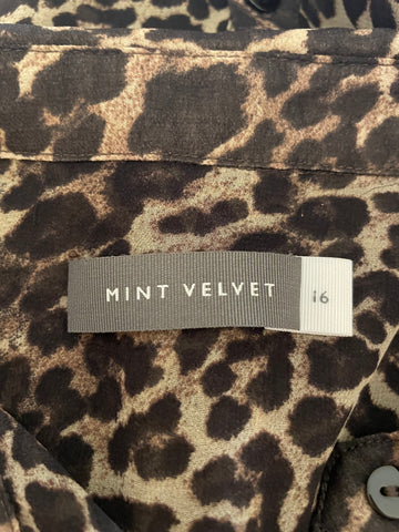 MINT VELVET BROWN LEOPARD PRINT LONG SLEEVE BLOUSE  SIZE 16