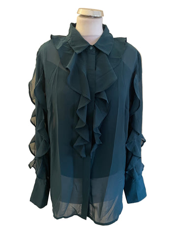 SOSANDAR BOTTLE GREEN FRILL TRIMMED LONG SLEEVE BLOUSE SIZE 14