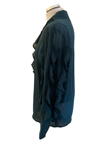 SOSANDAR BOTTLE GREEN FRILL TRIMMED LONG SLEEVE BLOUSE SIZE 14