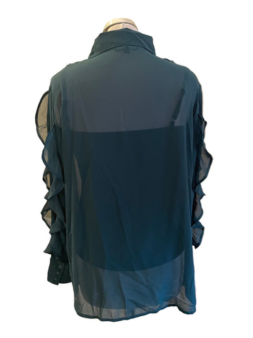 SOSANDAR BOTTLE GREEN FRILL TRIMMED LONG SLEEVE BLOUSE SIZE 14