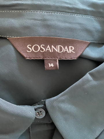 SOSANDAR BOTTLE GREEN FRILL TRIMMED LONG SLEEVE BLOUSE SIZE 14