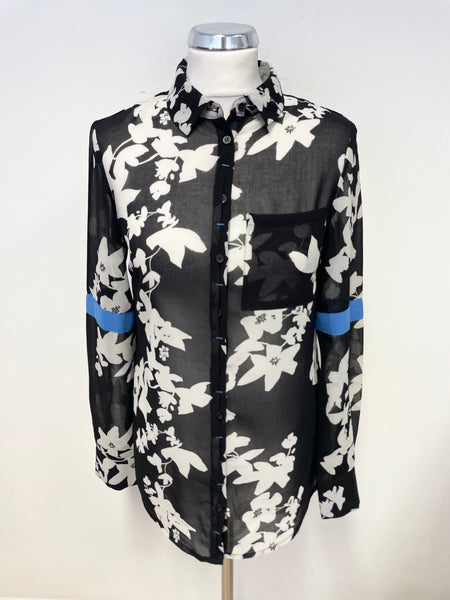 MINT VELVET BLACK FLORAL PRINT BLUE TRIM LONG SLEEVED BLOUSE  SIZE 8