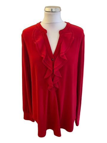 JOSEPH RIBKOFF RED FRILL FRONT STRETCH JERSEY TOP  SIZE 16
