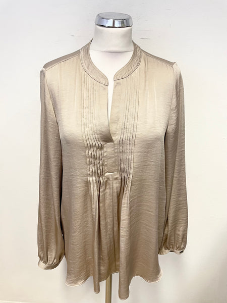 JIGSAW BEIGE PLEATED TRIM LONG SLEEVED BLOUSE/TOP SIZE 12