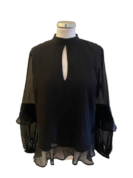 SOSANDAR BLACK KEYHOLE NECK FRILL TRIM TOP SIZE 14