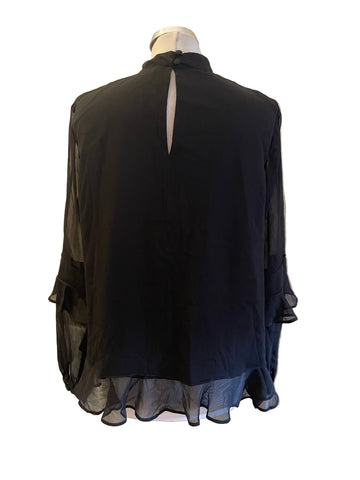 SOSANDAR BLACK KEYHOLE NECK FRILL TRIM TOP SIZE 14