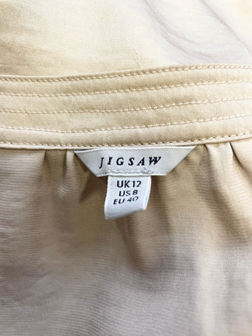 JIGSAW BEIGE PLEATED TRIM LONG SLEEVED BLOUSE/TOP SIZE 12