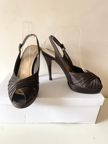 RUSSELL & BROMLEY BROWN SATIN PLATFORM SOLE HIGH HEEL SANDALS  SIZE 7/40