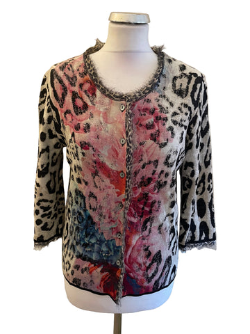 MARCCAIN 100% VIRGIN WOOL MULTICOLOURED LEOPARD PRINT CARDIGAN SIZE N5 UK 14/16