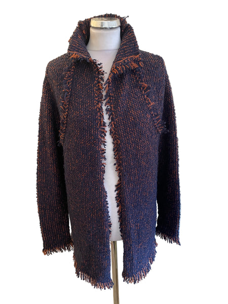 MARC AUREL NAVY BLUE & RUST FRINGED EDGE TO EDGE CARDIGAN SIZE 40 UK 14