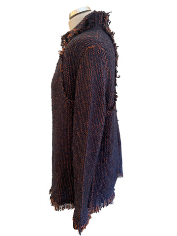 MARC AUREL NAVY BLUE & RUST FRINGED EDGE TO EDGE CARDIGAN SIZE 40 UK 14
