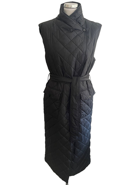 GANT BLACK QUILTED SLEEVELESS BELTED LONG GILET SIZE XS