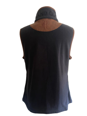 HOLLAND COOPER NAVY BLUE WITH TAN FAUX LEATHER TRIM GILLET  SIZE L