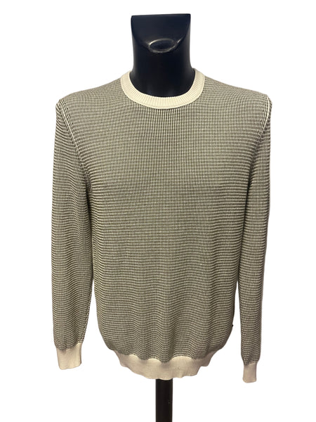 HUGO BOSS CREAM & DARK GREEN WEAVE COTTON JUMPER  SIZE L