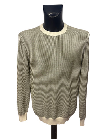 HUGO BOSS CREAM & DARK GREEN WEAVE COTTON JUMPER  SIZE L
