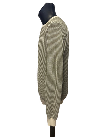 HUGO BOSS CREAM & DARK GREEN WEAVE COTTON JUMPER  SIZE L