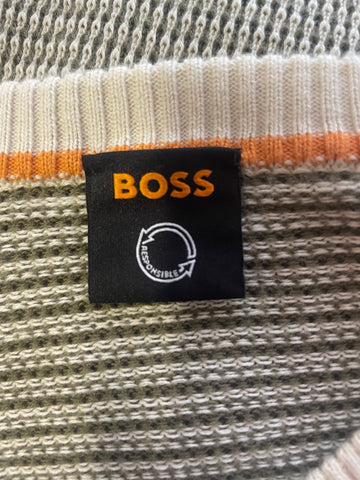 HUGO BOSS CREAM & DARK GREEN WEAVE COTTON JUMPER  SIZE L