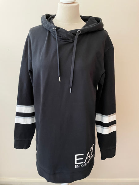 EMPORIO ARMANI BLACK,GREY & WHITE STRIPE TRIMMED LONG SLEEVE HOODED SWEATSHIRT SIZE M
