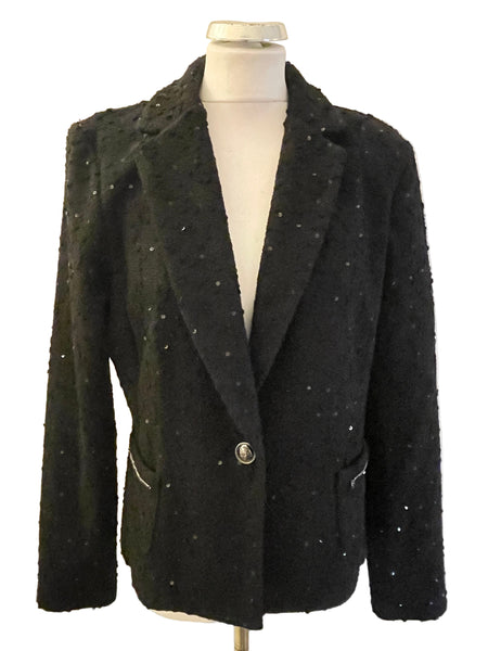 JOSEPH RIBKOFF BLACK SEQUIN TRIMMED BOUCLE JACKET SIZE 14