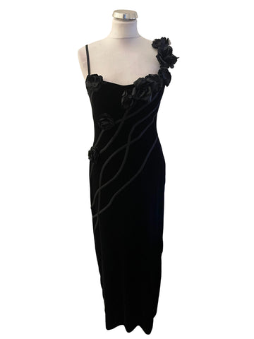 TADASHI BLACK VELVET LONG EVENING PENCIL DRESS  SIZE M