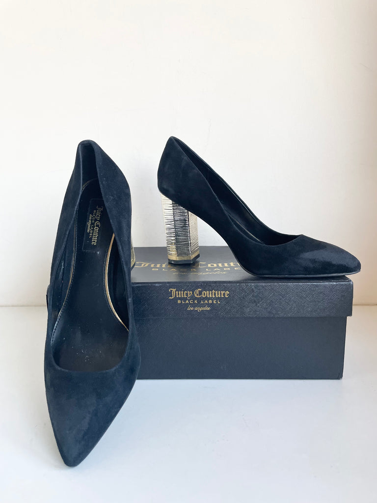 JUICY COUTURE BLACK LABEL ARIANNA BLACK SUEDE GOLD HEEL OCCASION SHOES Whispers Dress Agency JUICY COUTURE BLACK LABEL ARIANNA BLACK SUEDE GOLD HEEL OCCASION SHOES Whispers Dress Agency
