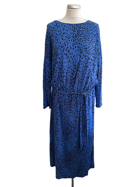 BRAND NEW SOSANDAR BLUE & BLACK SPOT PRINT STRETCH JERSEY MIDI DRESS SIZE L