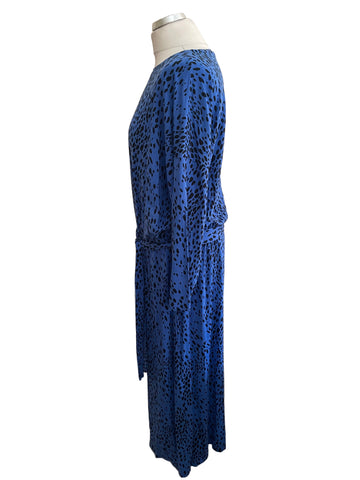 BRAND NEW SOSANDAR BLUE & BLACK SPOT PRINT STRETCH JERSEY MIDI DRESS SIZE L