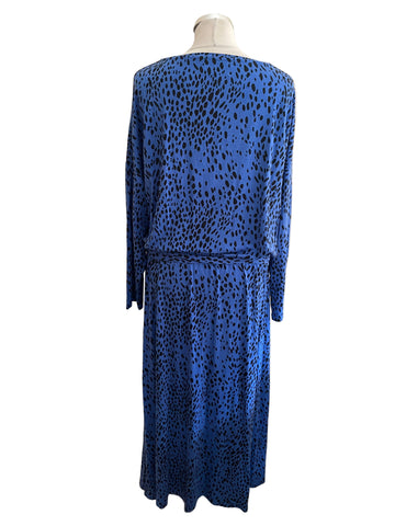 BRAND NEW SOSANDAR BLUE & BLACK SPOT PRINT STRETCH JERSEY MIDI DRESS SIZE L