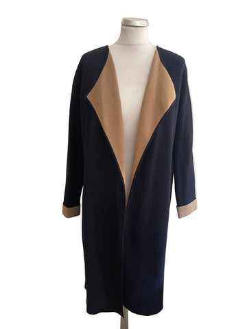 HOBBS NAVY BLUE & CAMEL UNLINED EDGE TO EDGE KNIT CARDIGAN/JACKET SIZE M