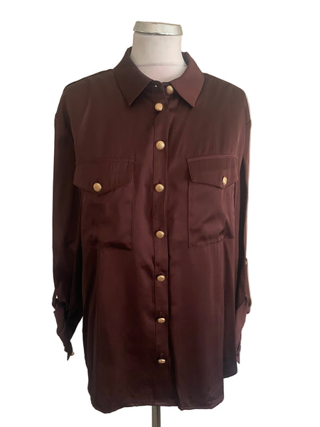 SOSANDER BROWN LONG SLEEVED SATIN SHIRT SIZE 14