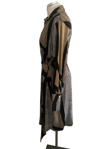 K DESIGN BLACK, WHITE & CAMEL STRIPE BELTED LONG SLEEVE DRESS  SIZE XL