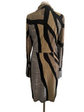 K DESIGN BLACK, WHITE & CAMEL STRIPE BELTED LONG SLEEVE DRESS  SIZE XL