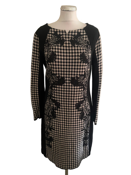MARCCAIN BLACK & CREAM CHECK LONG SLEEVE PENCIL DRESS SIZE N5 UK 14/16