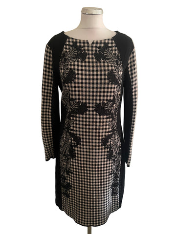 MARCCAIN BLACK & CREAM CHECK LONG SLEEVE PENCIL DRESS SIZE N5 UK 14/16