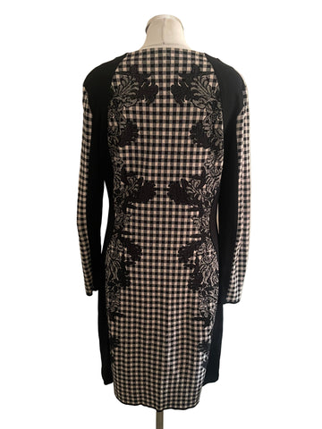 MARCCAIN BLACK & CREAM CHECK LONG SLEEVE PENCIL DRESS SIZE N5 UK 14/16