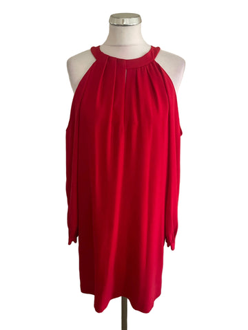 BCBGMAXAZRIA RED ROUND NECK COLD SHOULDER LONG SLEEVED DRESS SIZE S
