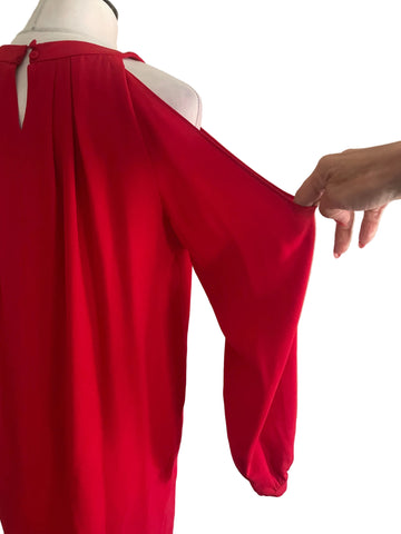 BCBGMAXAZRIA RED ROUND NECK COLD SHOULDER LONG SLEEVED DRESS SIZE S