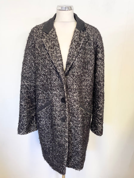 OLIVER BONAS BLACK & GREY MARL BOUCLE WEAVE MID LENGTH COAT SIZE 12