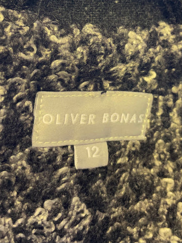 OLIVER BONAS BLACK & GREY MARL BOUCLE WEAVE MID LENGTH COAT SIZE 12