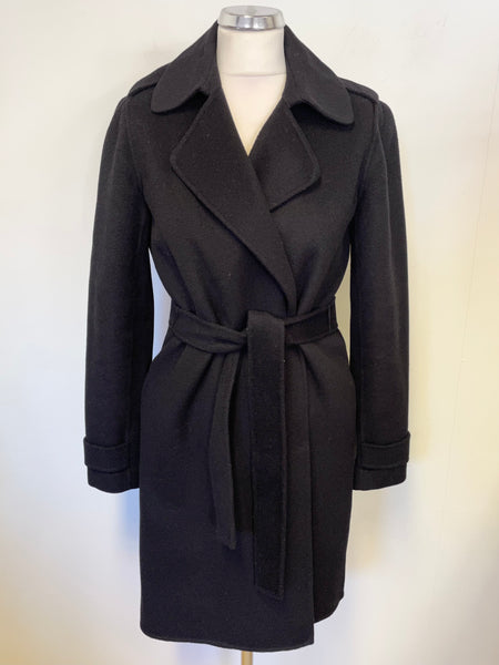 UNBRANDED BLACK WOOL & CASHMERE UNLINED COLLARED BELTED COAT SIZE 10