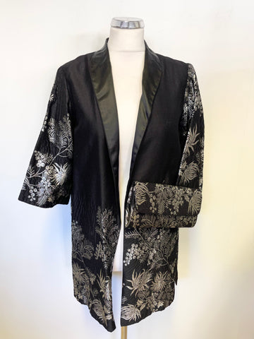 BLACK PURE SILK WITH SILVER EMBROIDERED EVENING JACKET & MATCHING CLUTCH BAG SIZE M